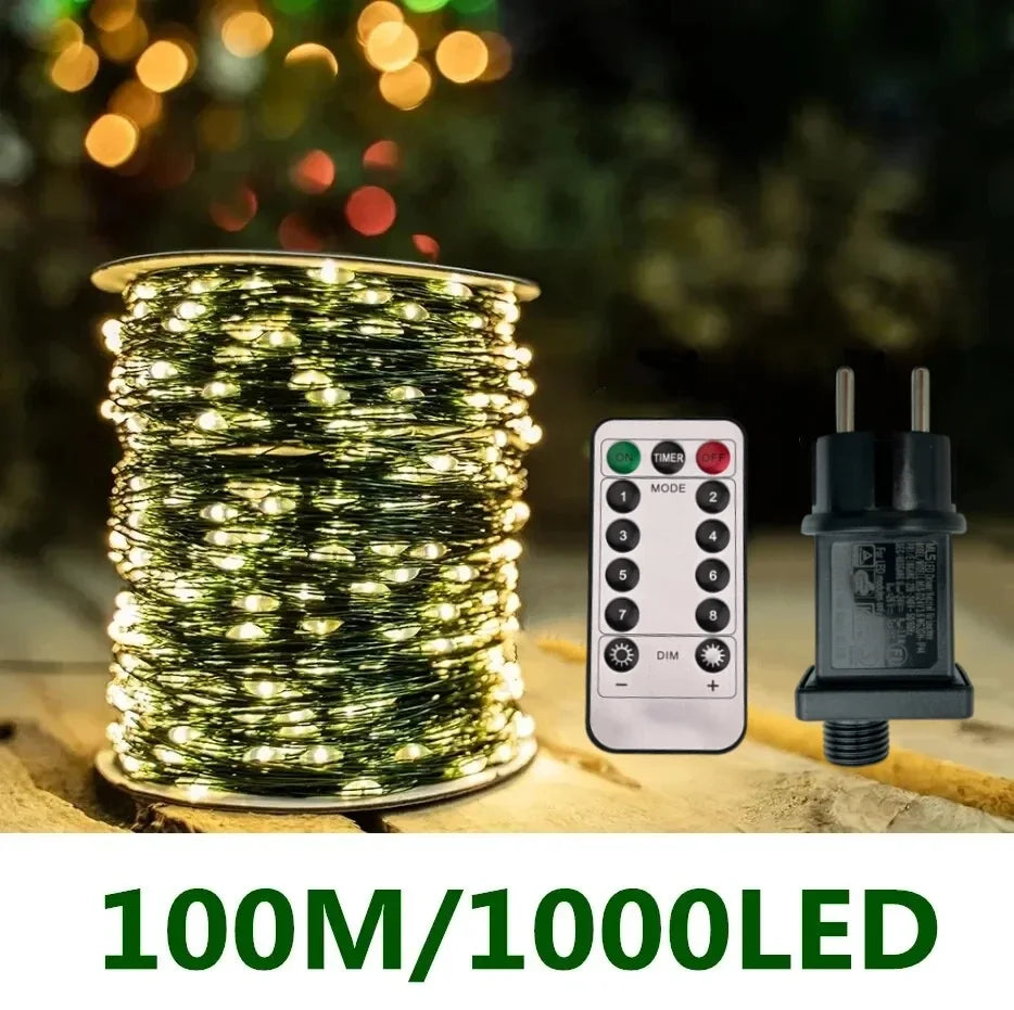 100M LED Fairy String Lights - Green Wire Outdoor Christmas Tree Garland - New Year, Street, Home, Party, Wedding Decoration