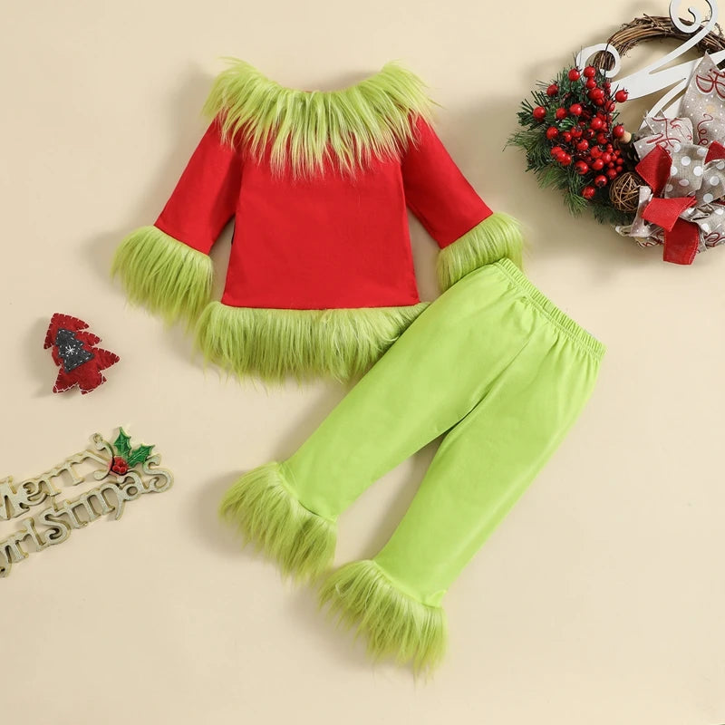 2023-08-16 Lioraitiin 6M-7Y  Kids Boys Girls Christmas Clothes Set Plush Tops and Elastic Waist Pants Outfits Child Fuzzy Suits