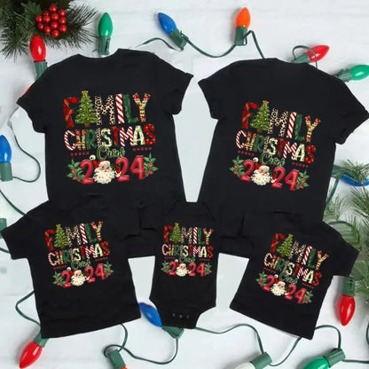 Christmas Day Set Family Christmas Crew 2024 Print Matching Outfits Short Sleeve Family Tees Shirt Outfit Holiday Casual Clothes