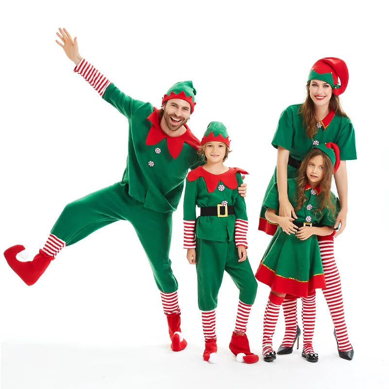 Christmas Elf Family Costume Role Playing Outfit Green Santa Claus Party Performance Fancy Clothing for Men Women Girls Boys