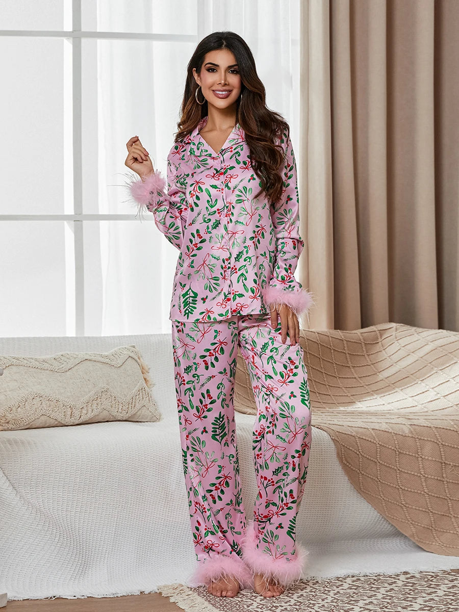 Mommy and Me Christmas Pajama Sets Feather Trim 2 Piece Sleepwear Pjs Lounge Nightwear for Women Baby Girls