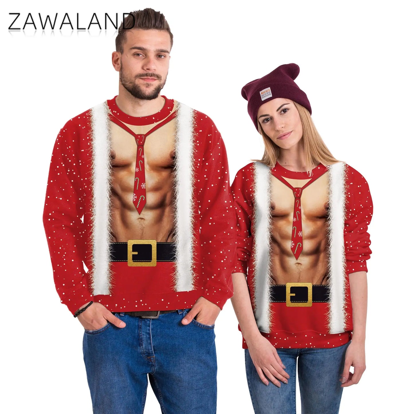 ZAWALAND Funny Sweatshirt Christmas tree Muscle Printed Men Hoodie Xmas Cosplay Costumes Novelty Pullover Couple Hoodies