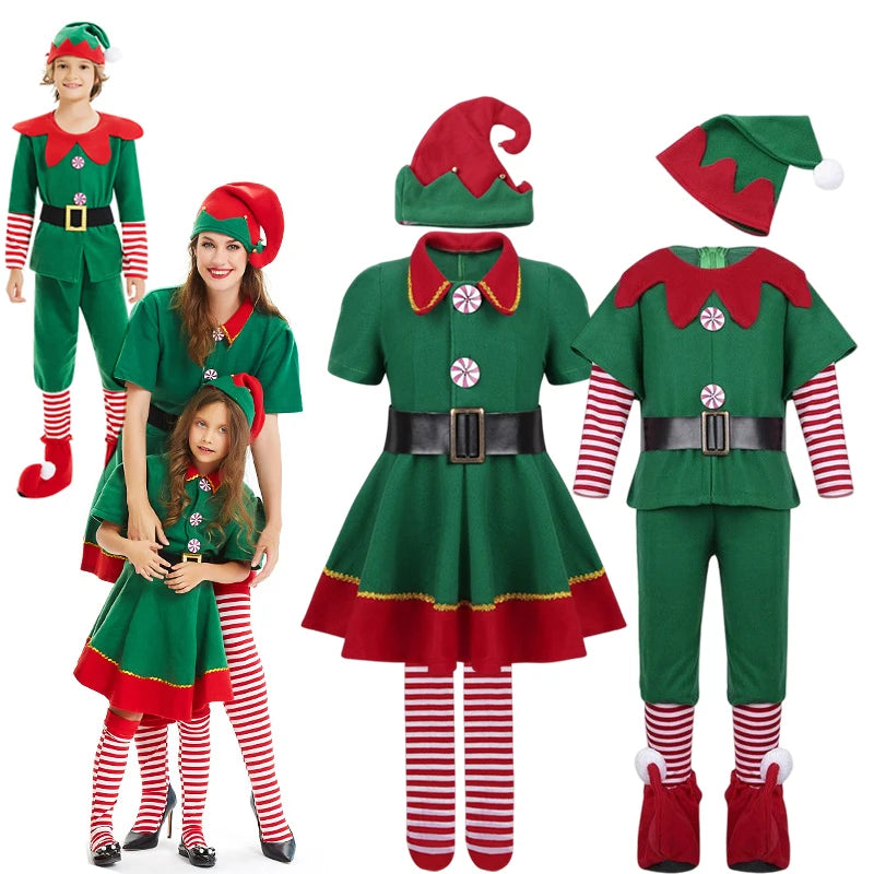 Christmas Elf Family Costume Role Playing Outfit Green Santa Claus Party Performance Fancy Clothing for Men Women Girls Boys