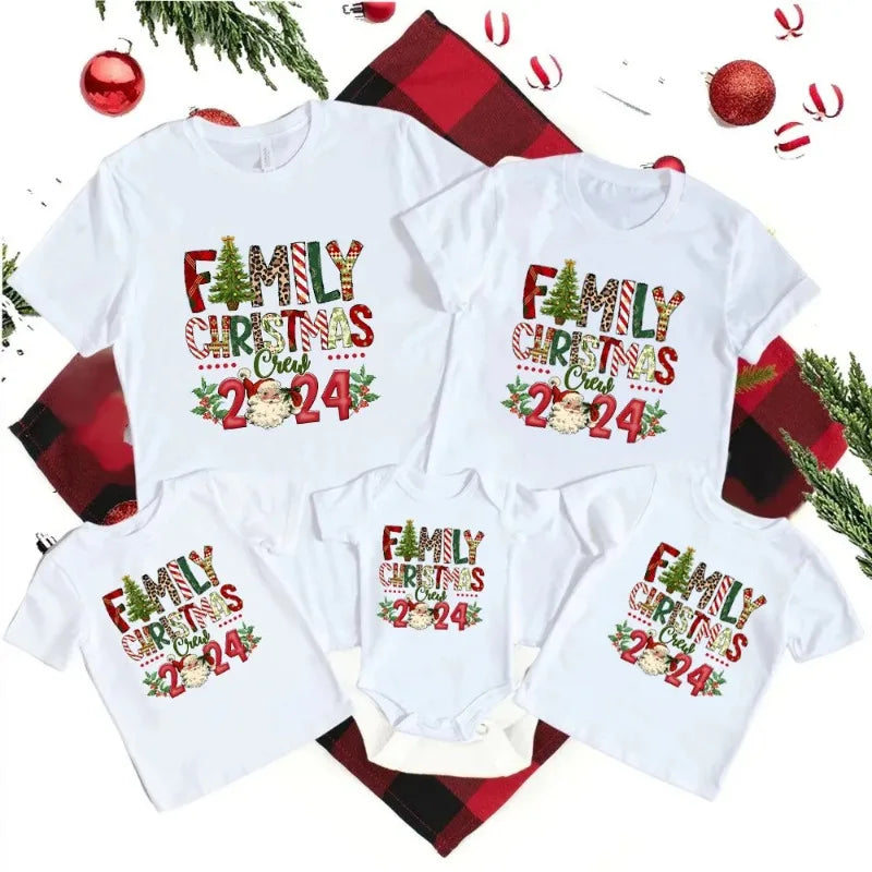 Christmas Day Set Family Christmas Crew 2024 Print Matching Outfits Short Sleeve Family Tees Shirt Outfit Holiday Casual Clothes