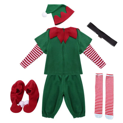 Christmas Elf Family Costume Role Playing Outfit Green Santa Claus Party Performance Fancy Clothing for Men Women Girls Boys