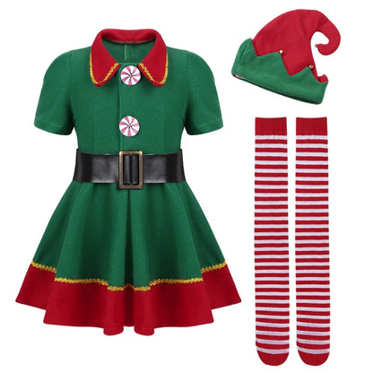 Christmas Elf Family Costume Role Playing Outfit Green Santa Claus Party Performance Fancy Clothing for Men Women Girls Boys