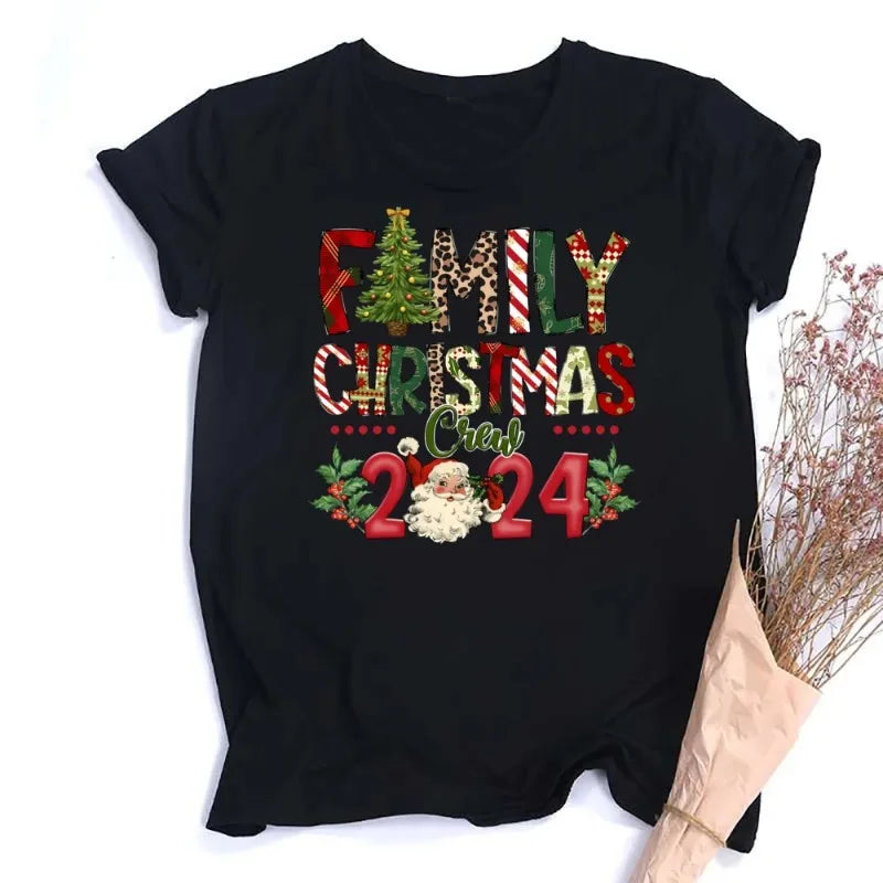 Christmas Day Set Family Christmas Crew 2024 Print Matching Outfits Short Sleeve Family Tees Shirt Outfit Holiday Casual Clothes