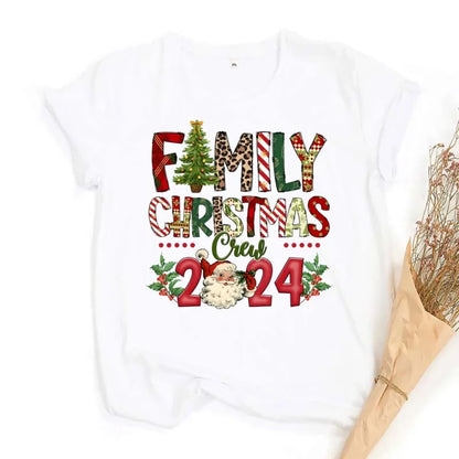 Christmas Day Set Family Christmas Crew 2024 Print Matching Outfits Short Sleeve Family Tees Shirt Outfit Holiday Casual Clothes